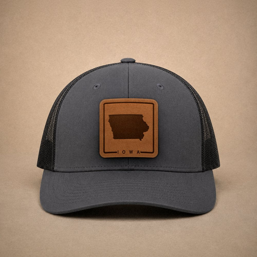 Charcoal Iowa hats — Iowa Outline Leather Patch Trucker Hat