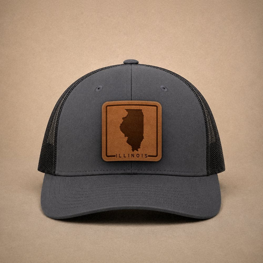 Charcoal Illinois hats — Illinois Outline Leather Patch Trucker Hat
