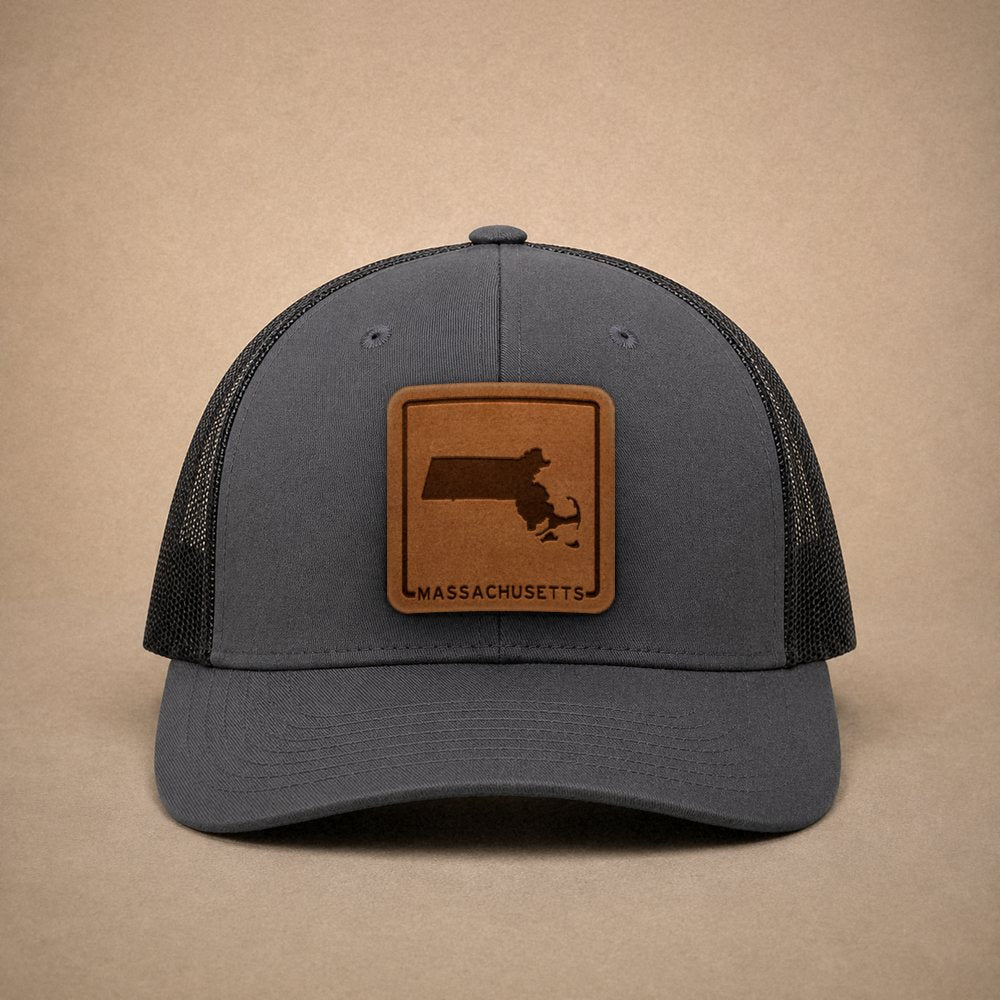 Charcoal Massachusetts hats — Massachusetts Outline Leather Patch Trucker Hat