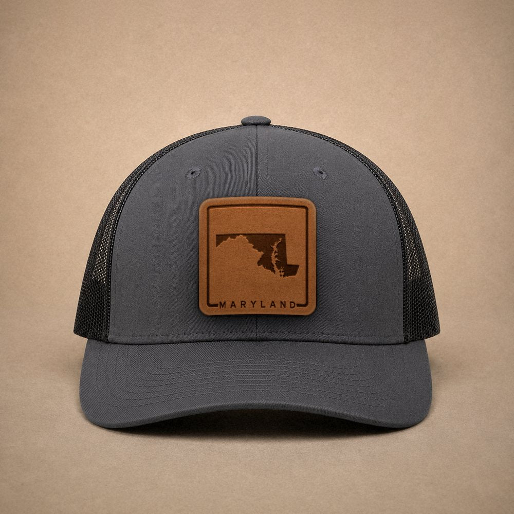 Charcoal Maryland hats — Maryland Outline Leather Patch Trucker Hat