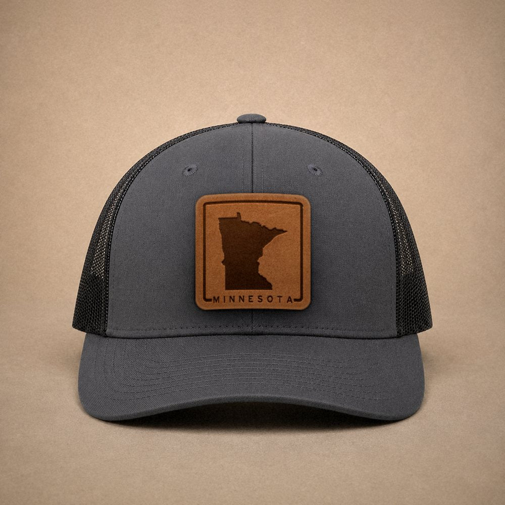 Charcoal Minnesota hats — Minnesota Outline Leather Patch Trucker Hat