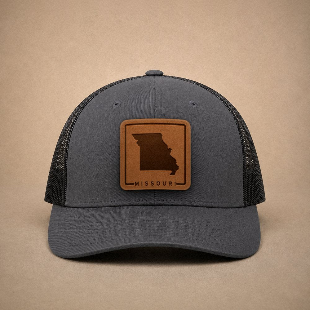 Charcoal Missouri hats — Missouri Outline Leather Patch Trucker Hat