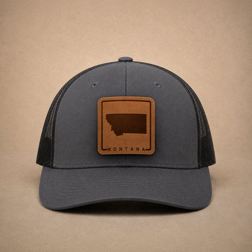 Charcoal Montana hats — Montana Outline Leather Patch Trucker Hat