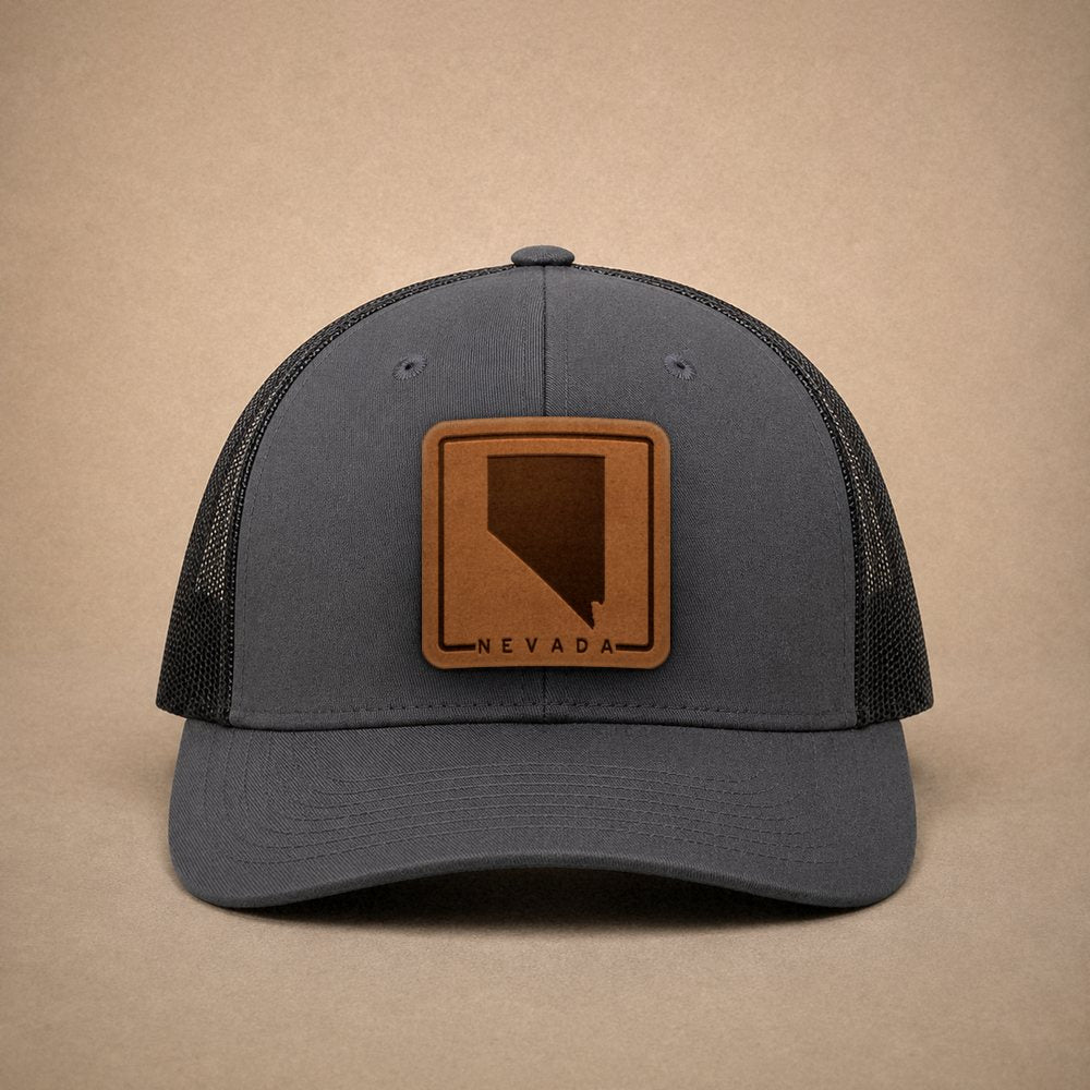 Charcoal Nevada hats — Nevada Outline Leather Patch Trucker Hat