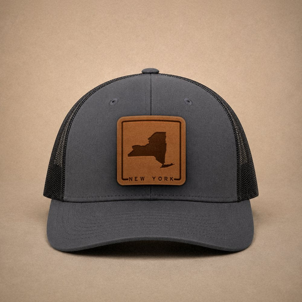 Charcoal New York hats — New York Outline Leather Patch Trucker Hat