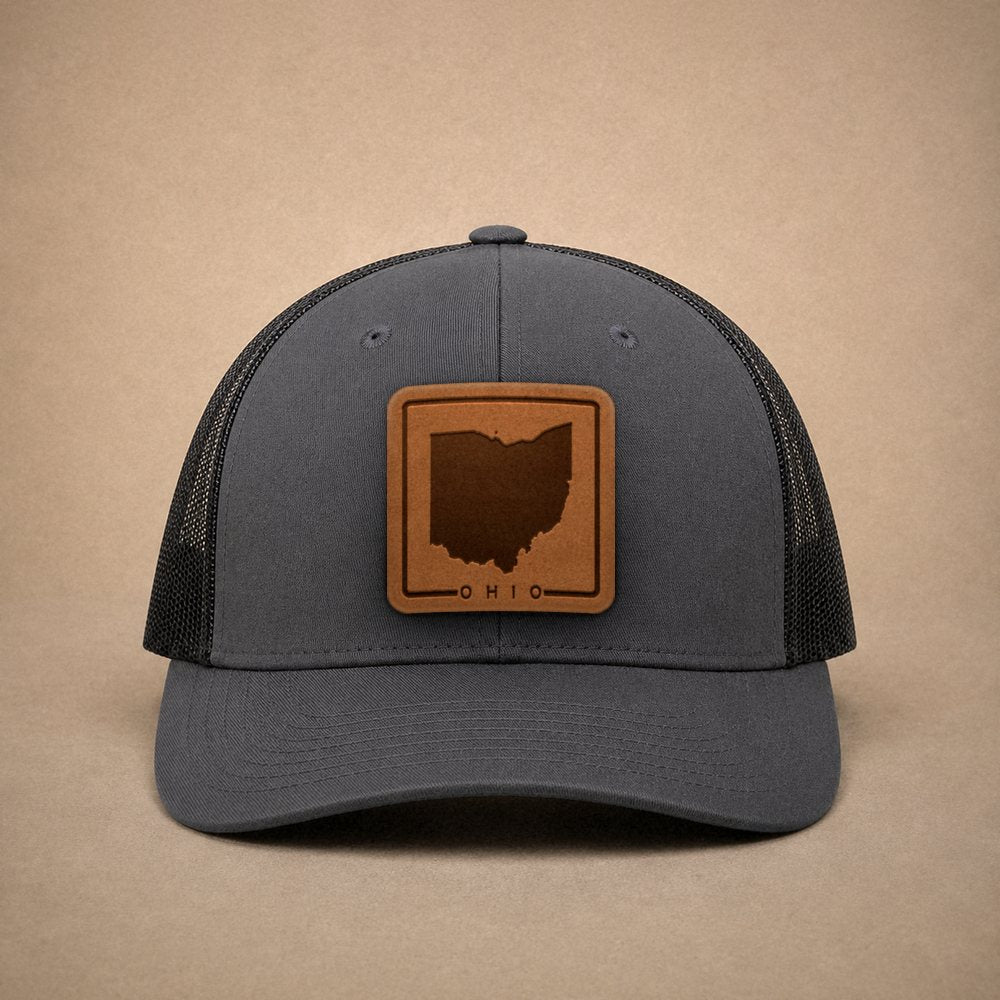 Charcoal Ohio hats — Ohio Outline Leather Patch Trucker Hat