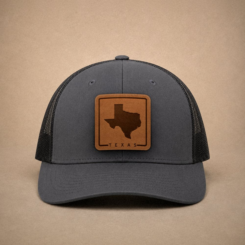 Charcoal Texas hats — Texas Outline Leather Patch Trucker Hat