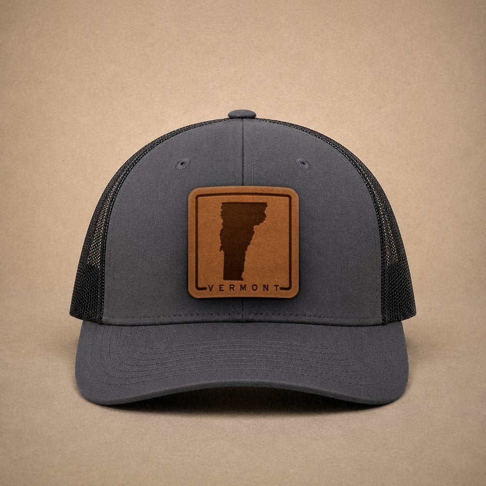 Charcoal Vermont hats — Vermont Outline Leather Patch Trucker Hat