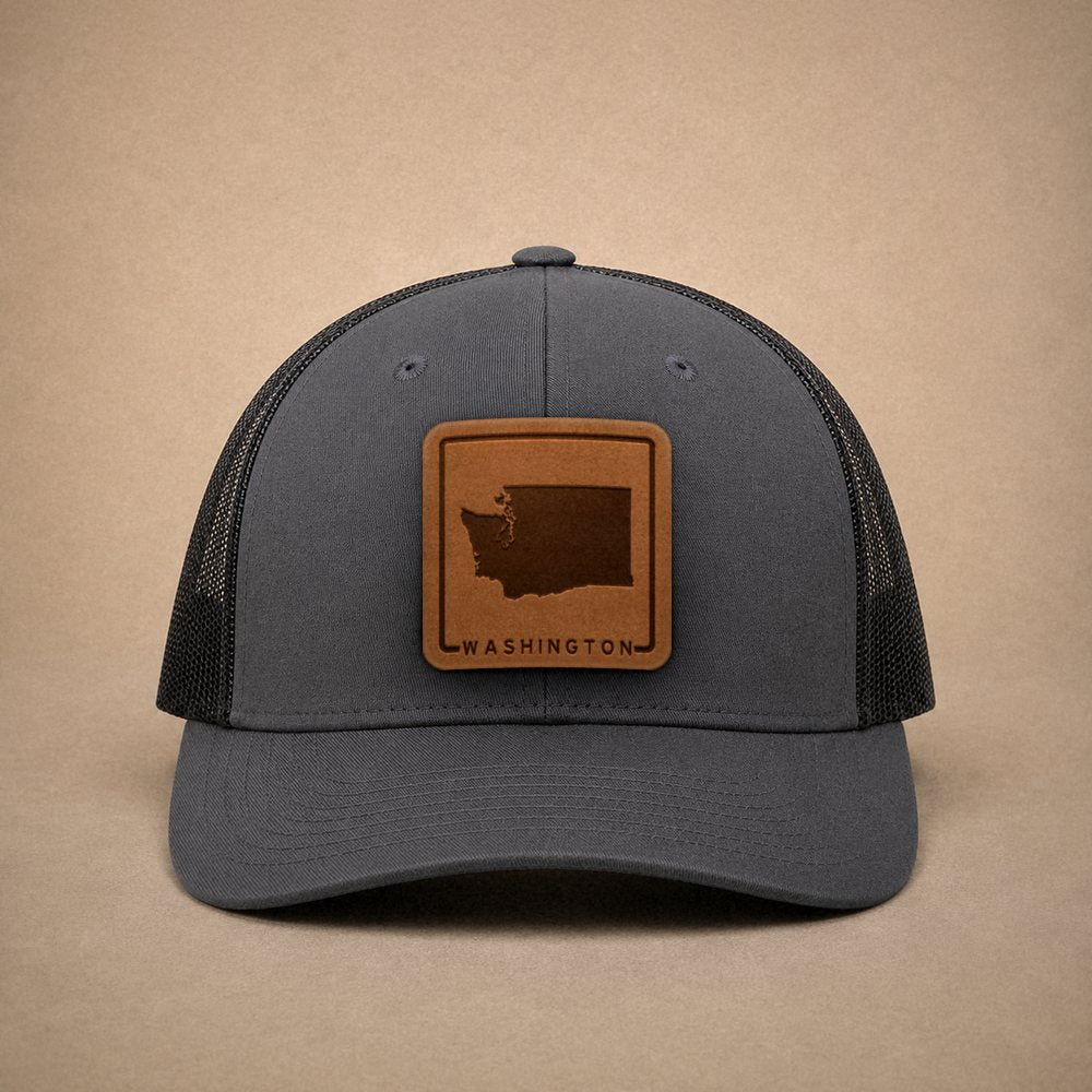 Charcoal Washington hats — Washington Outline Leather Patch Trucker Hat