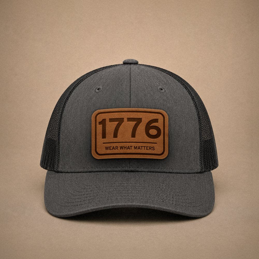 Dark Heather Grey USA hats — 1776 Leather Patch Trucker Hat