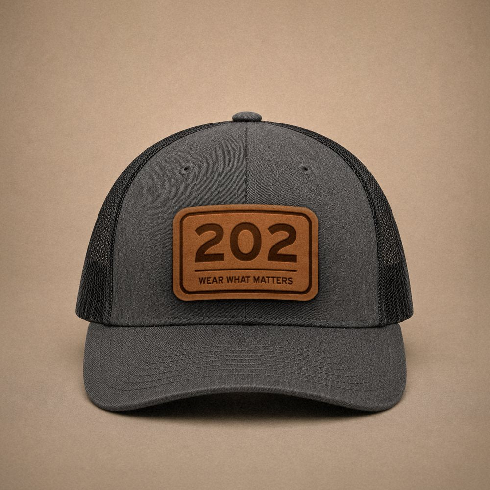 Dark Heather Grey Washington DC hats — Washington DC 202 Leather Patch Trucker Hat