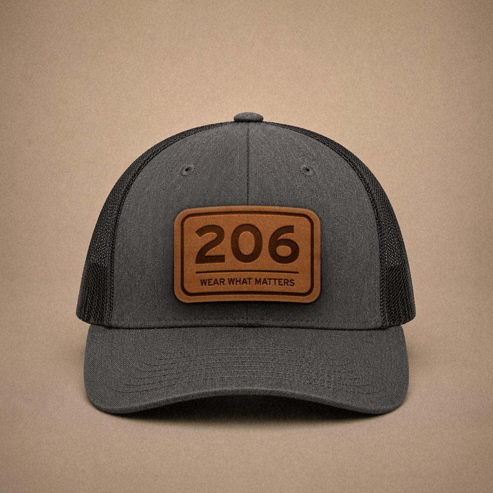 Dark Heather Grey Seattle hats — Seattle 206 Leather Patch Trucker Hat
