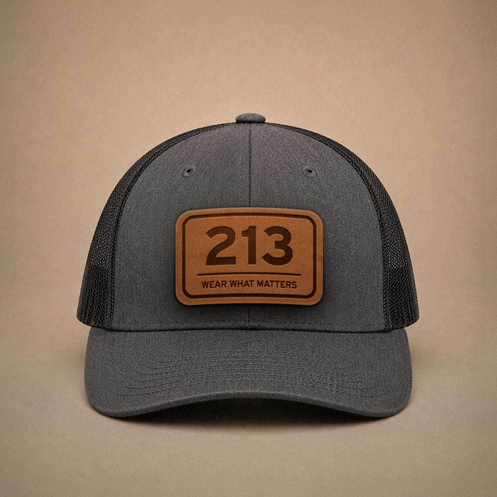 Dark Heather Grey Los Angeles hats — Los Angeles 213 Leather Patch Trucker Hat