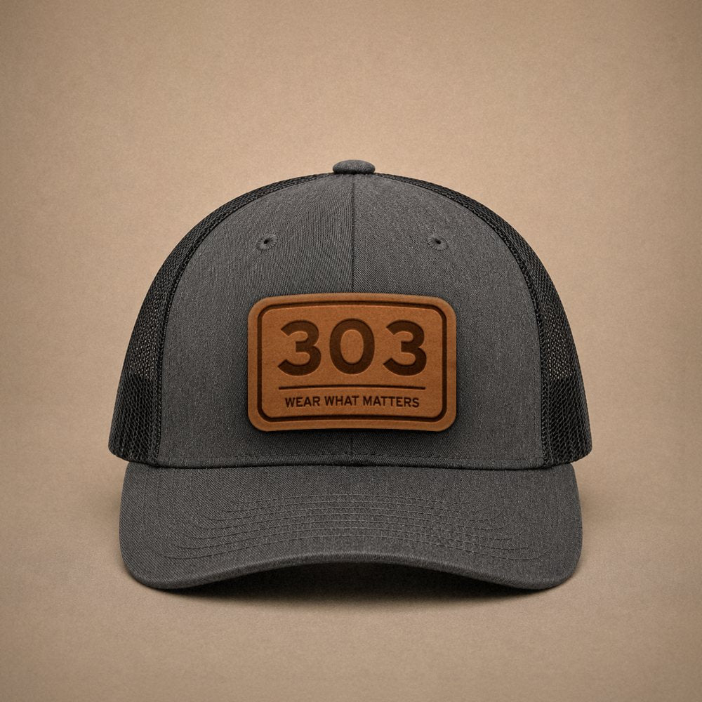 Dark Heather Grey Denver hats — Denver 303 Leather Patch Trucker Hat