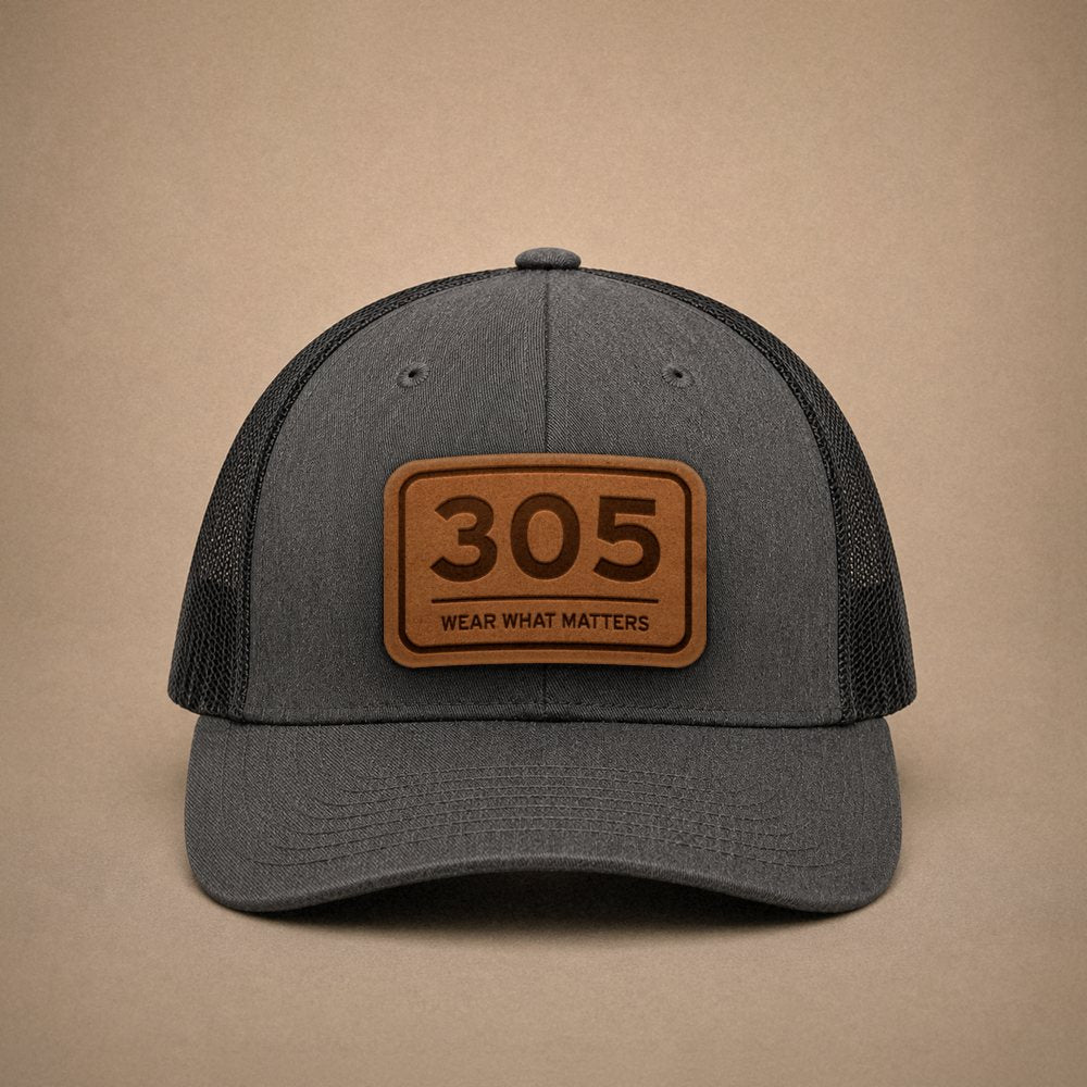 Dark Heather Grey Miami hats — Miami 305 Leather Patch Trucker Hat