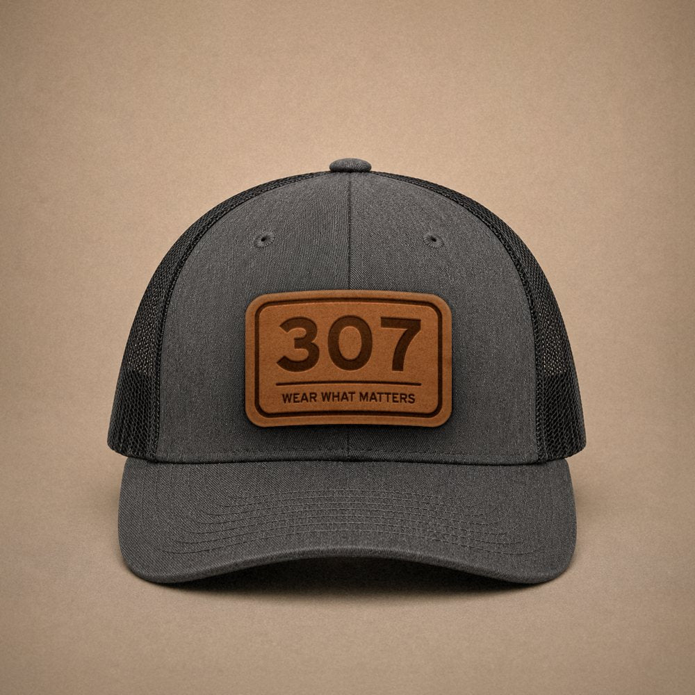 Dark Heather Grey Wyoming hats — Wyoming 307 Leather Patch Trucker Hat