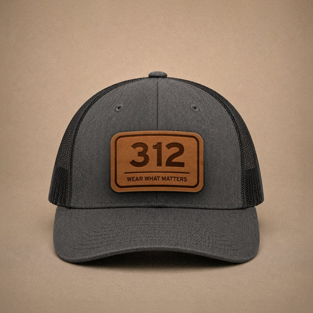 Dark Heather Grey Chicago hats — Chicago 312 Leather Patch Trucker Hat