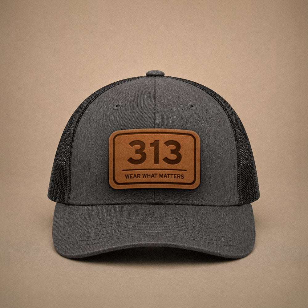 Dark Heather Grey Detroit hats — Detroit 313 Leather Patch Trucker Hat