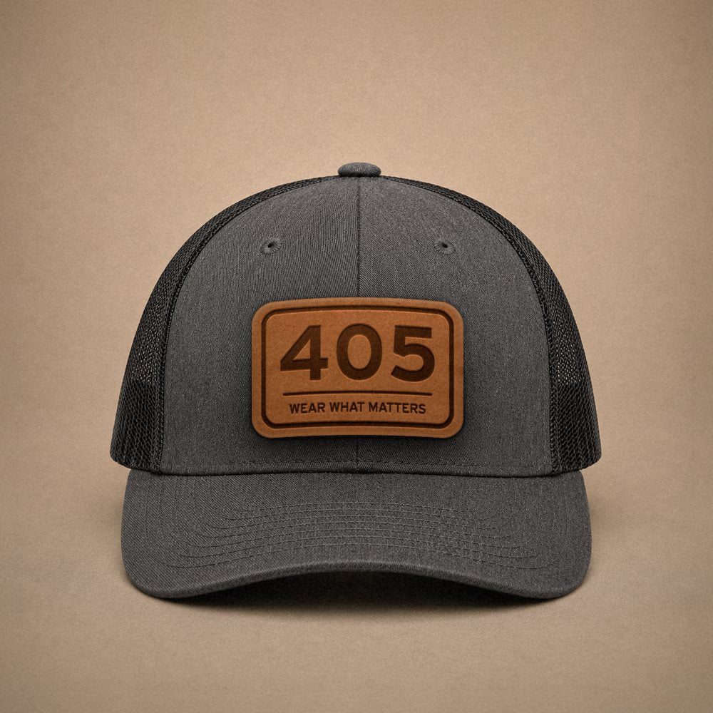 Dark Heather Grey Oklahoma City hats — Oklahoma City 405 Leather Patch Trucker Hat
