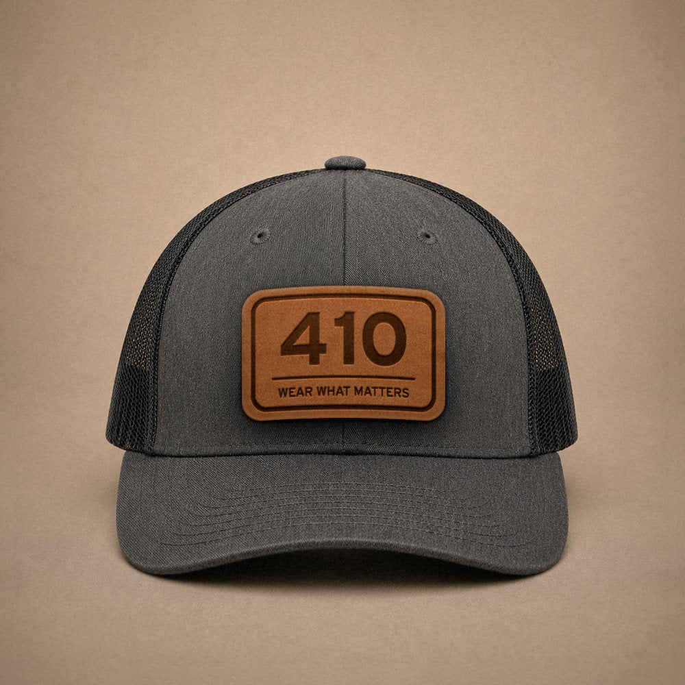 Dark Heather Grey Baltimore hats — Baltimore 410 Leather Patch Trucker Hat