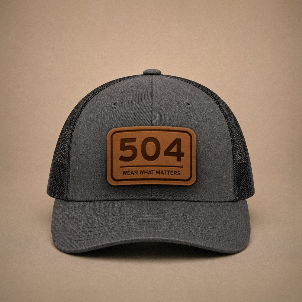 Dark Heather Grey New Orleans hats — New Orleans 504 Leather Patch Trucker Hat