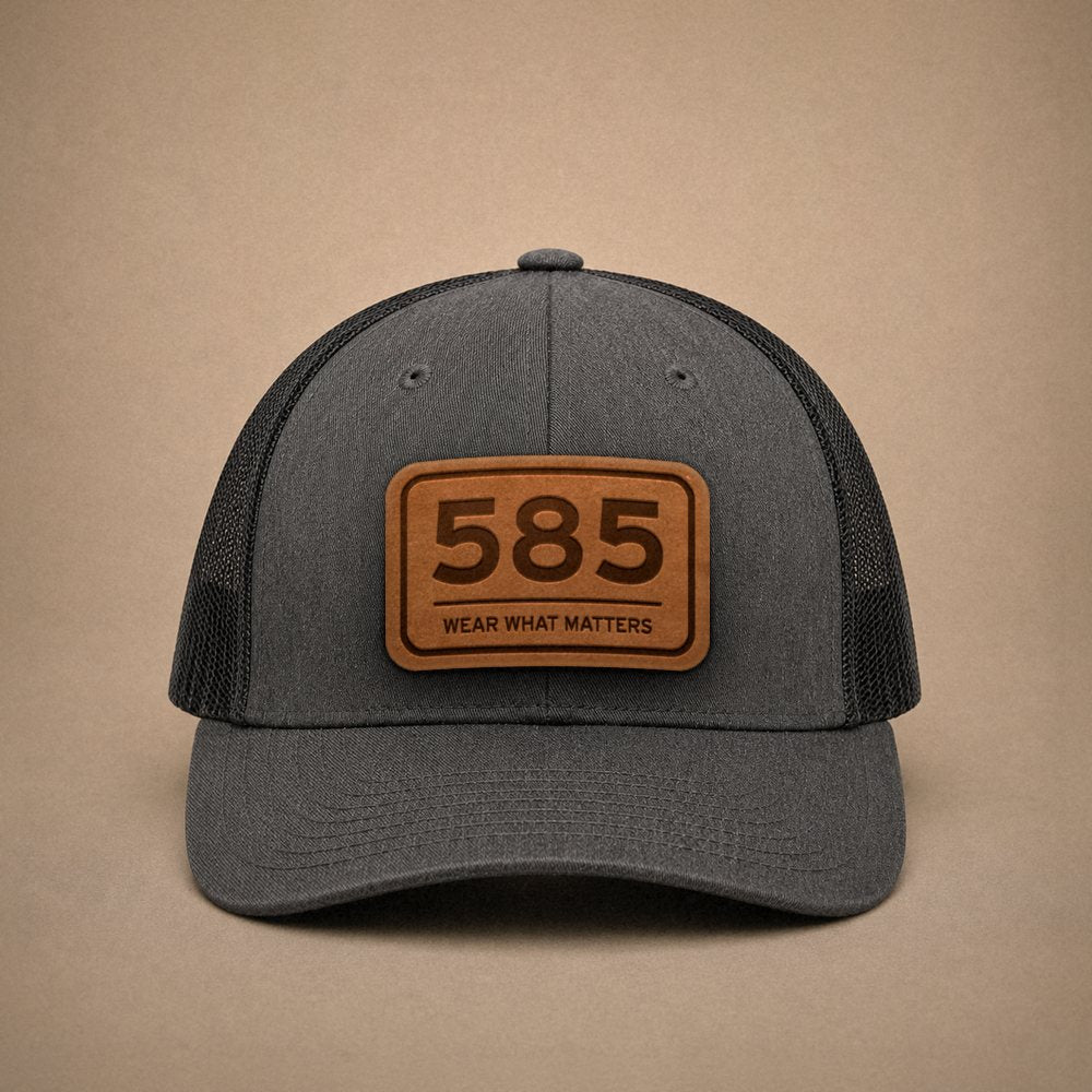 Dark Heather Grey Rochester hats — Rochester 585 Leather Patch Trucker Hat
