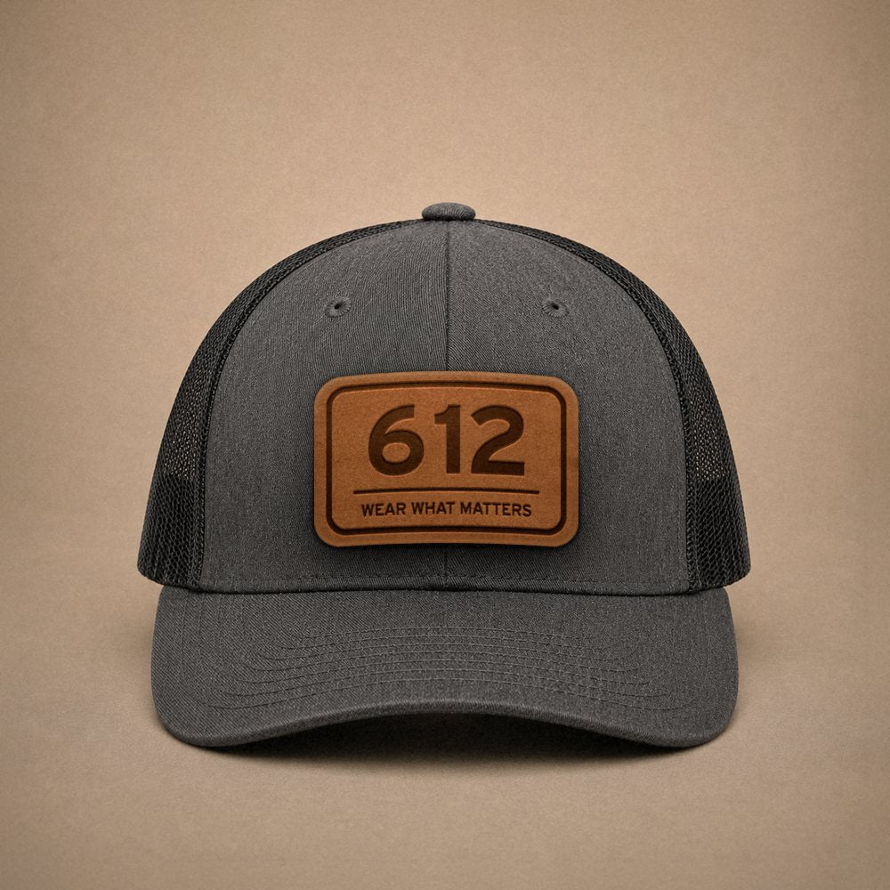 Dark Heather Grey Minneapolis hats — Minneapolis 612 Leather Patch Trucker Hat