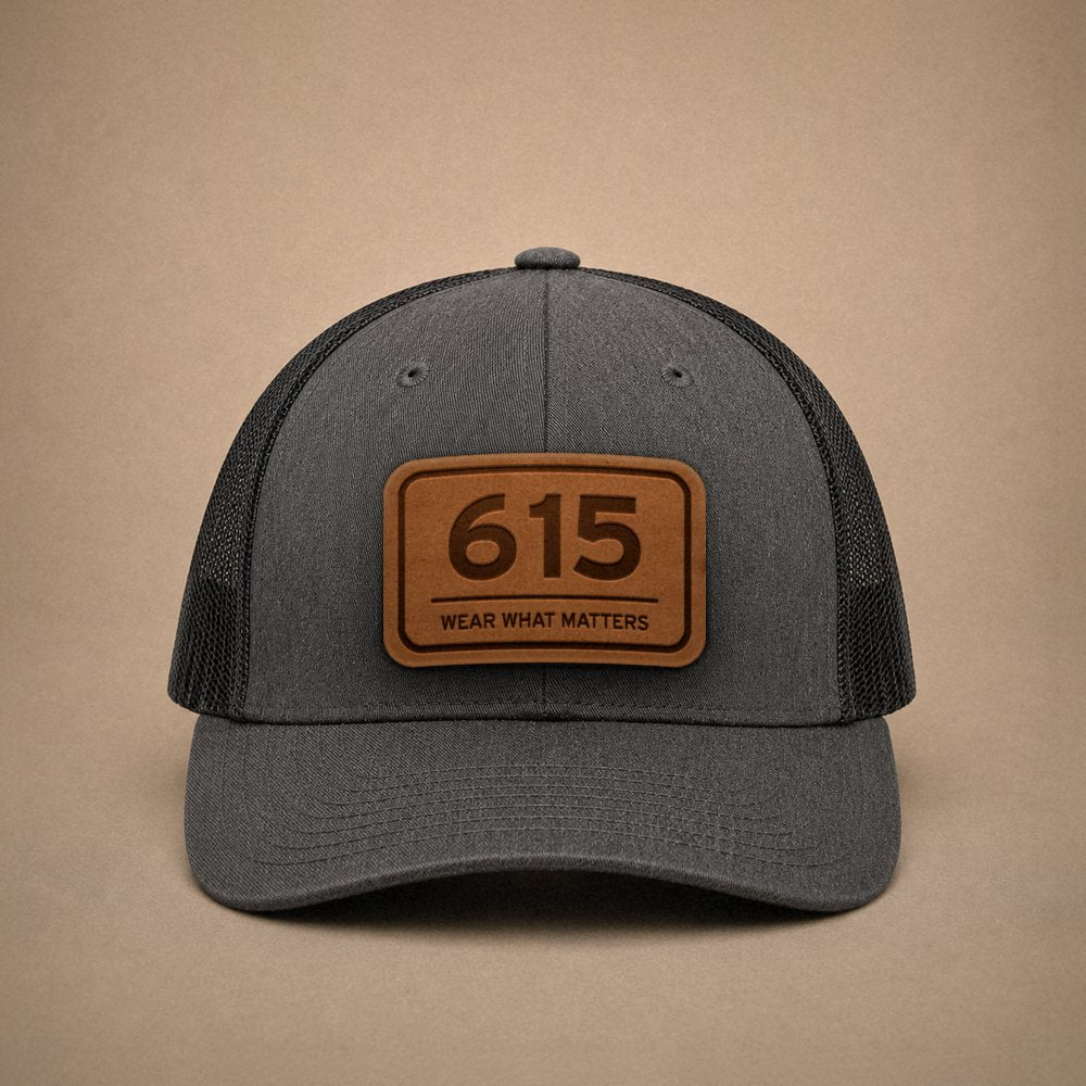 Dark Heather Grey Nashville hats — Nashville 615 Leather Patch Trucker Hat