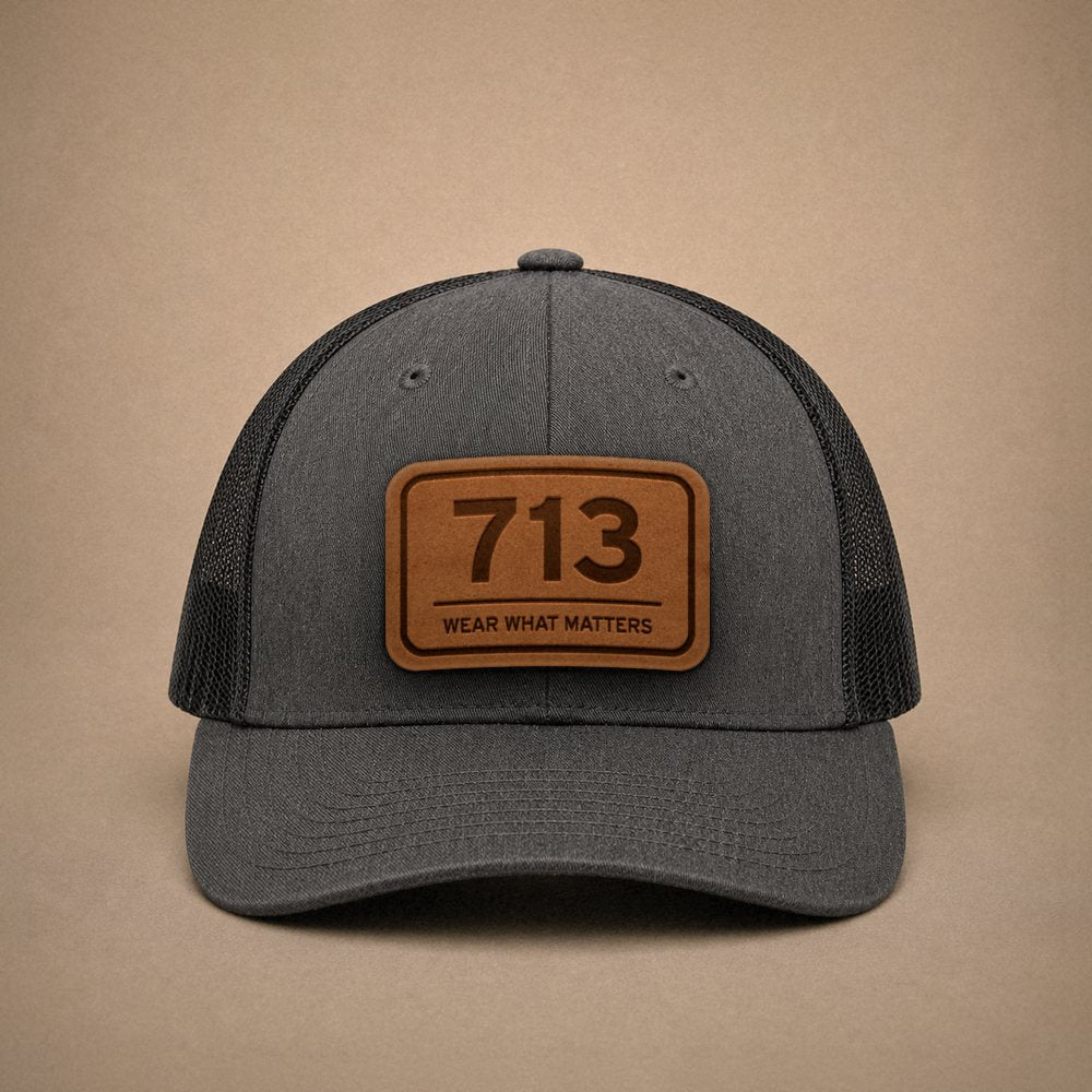 Dark Heather Grey Houston hats — Houston 713 Leather Patch Trucker Hat