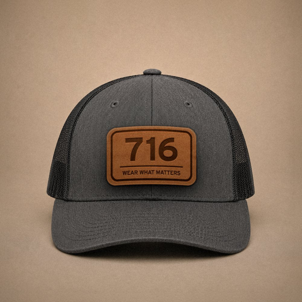 Dark Heather Grey Buffalo hats — Buffalo 716 Leather Patch Trucker Hat