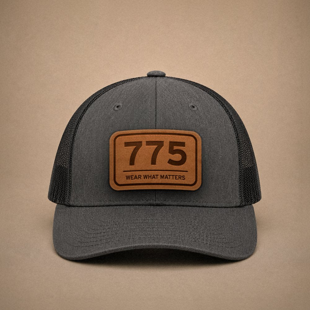 Dark Heather Grey Reno hats — Reno 775 Leather Patch Trucker Hat