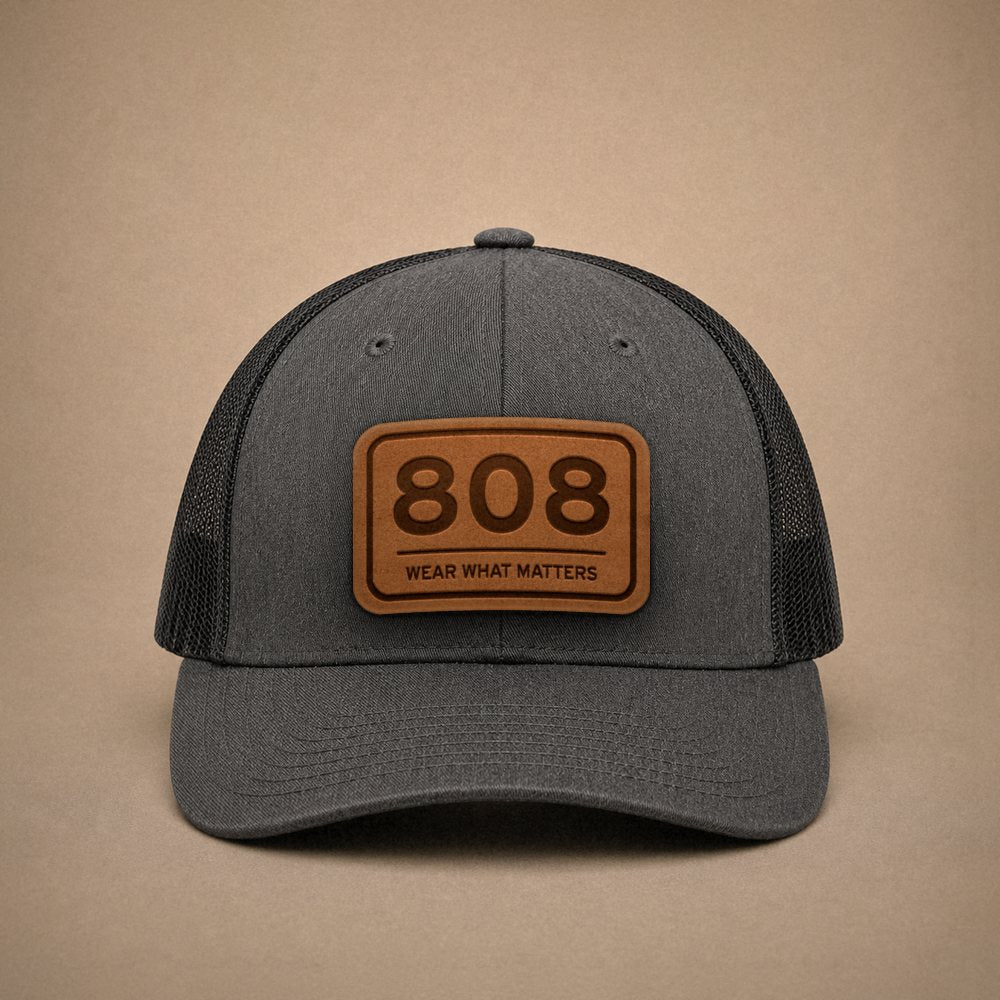 Dark Heather Grey Hawaii hats — Hawaii 808 Leather Patch Trucker Hat