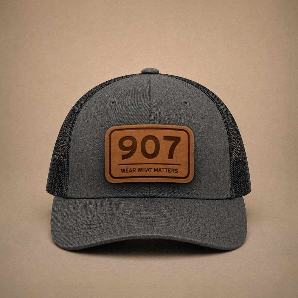 Dark Heather Grey Alaska hats — Alaska 907 Leather Patch Trucker Hat