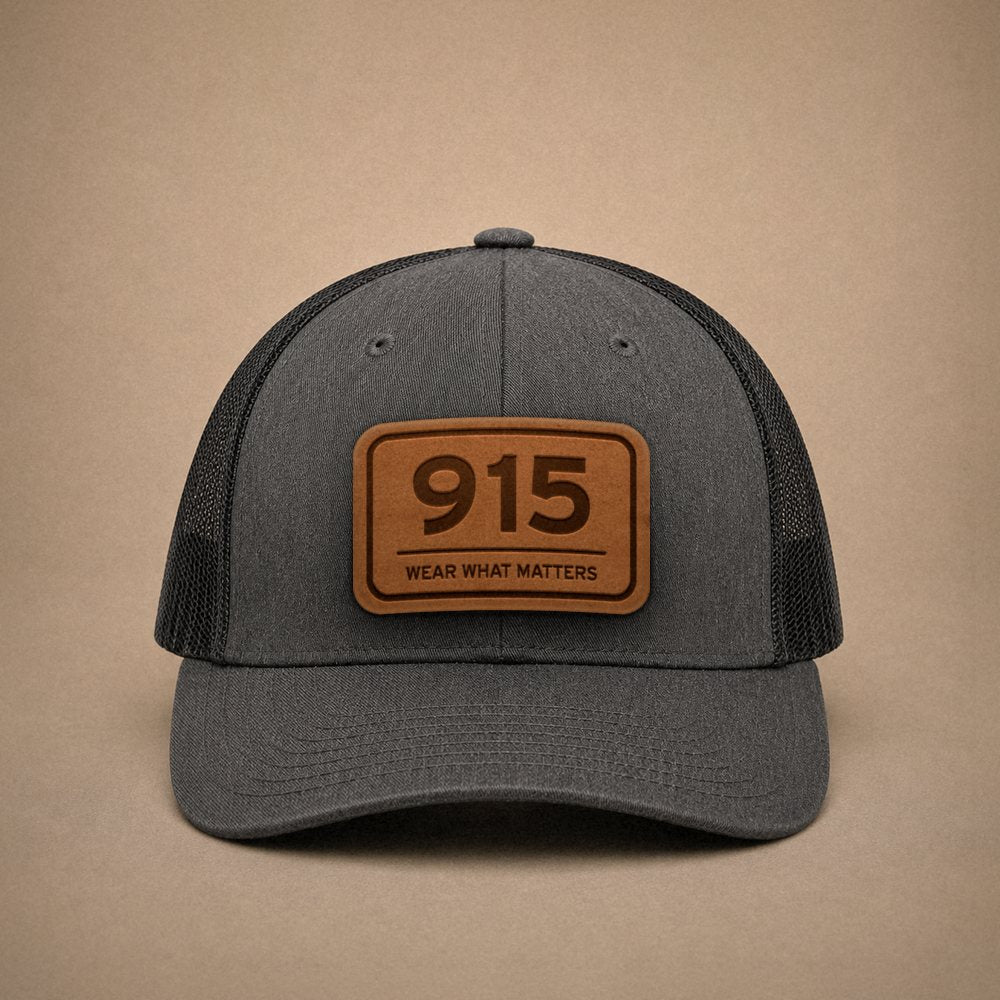 Dark Heather Grey El Paso hats — El Paso 915 Leather Patch Trucker Hat