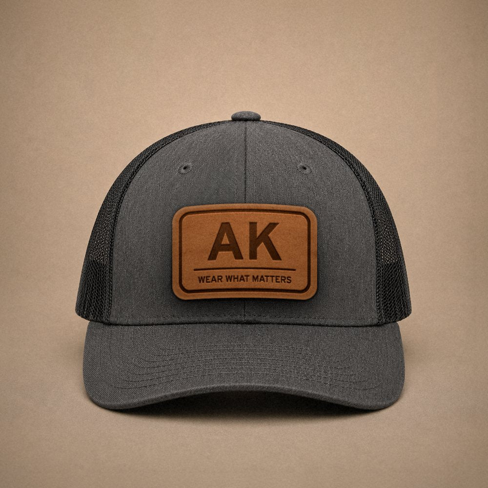 Dark Heather Grey Alaska hats — Alaska AK Leather Patch Trucker Hat
