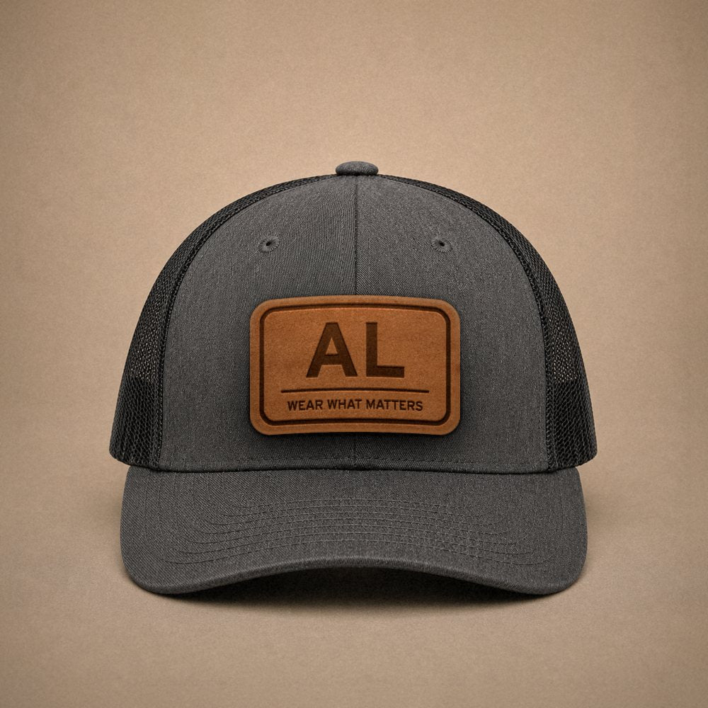 Dark Heather Grey Alabama hats — Alabama AL Leather Patch Trucker Hat