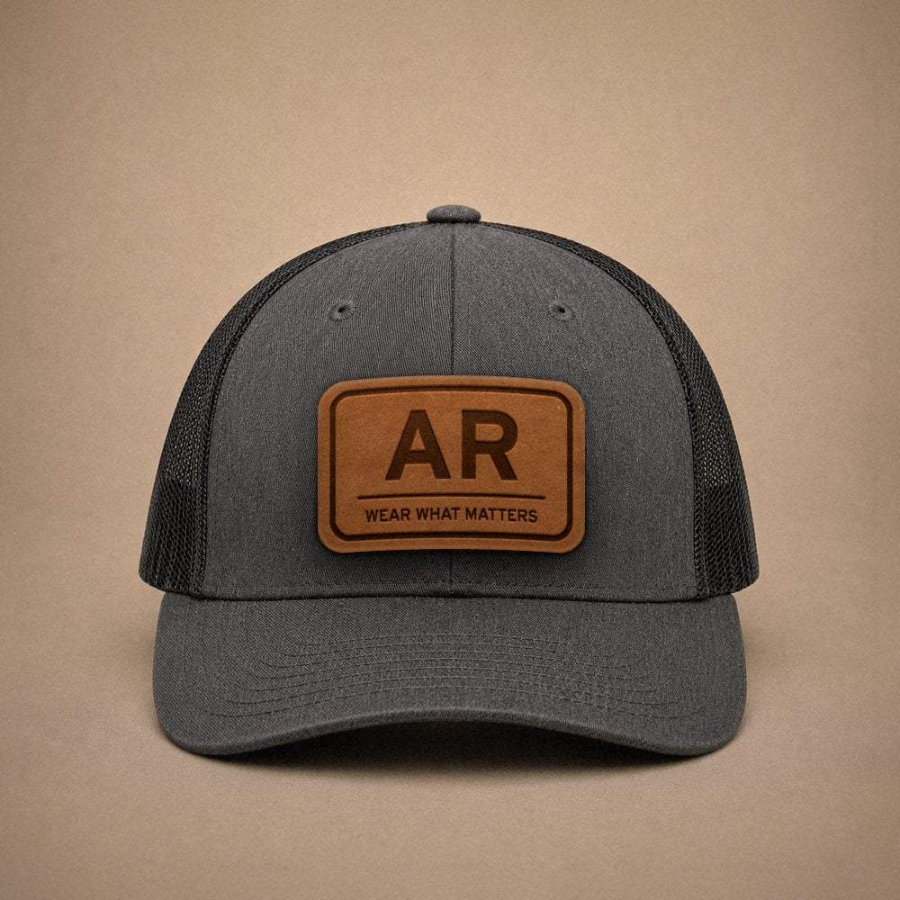 Dark Heather Grey Arkansas hats — Arkansas AR Leather Patch Trucker Hat