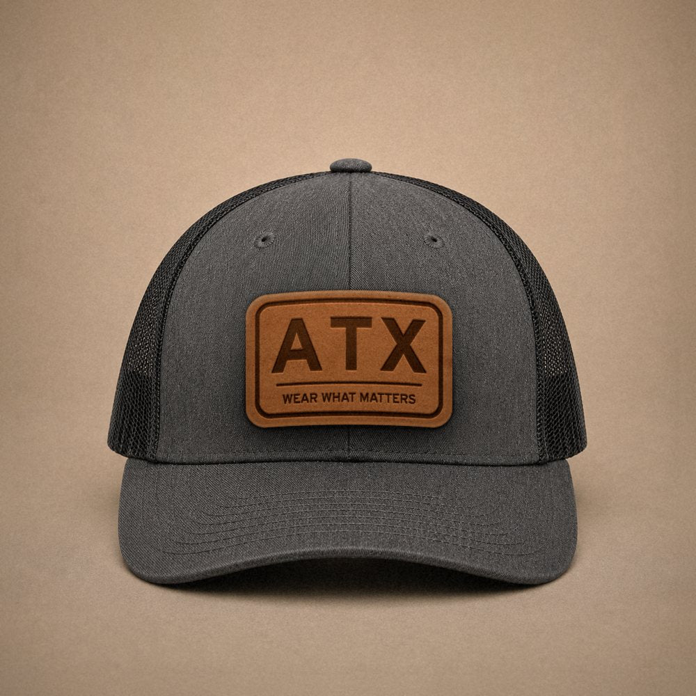 Dark Heather Grey Austin hats — Austin ATX Leather Patch Trucker Hat