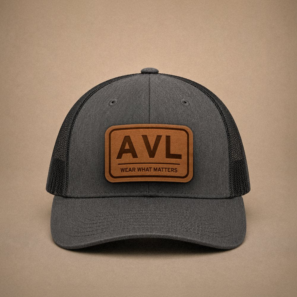 Dark Heather Grey Asheville hats — Asheville AVL Leather Patch Trucker Hat