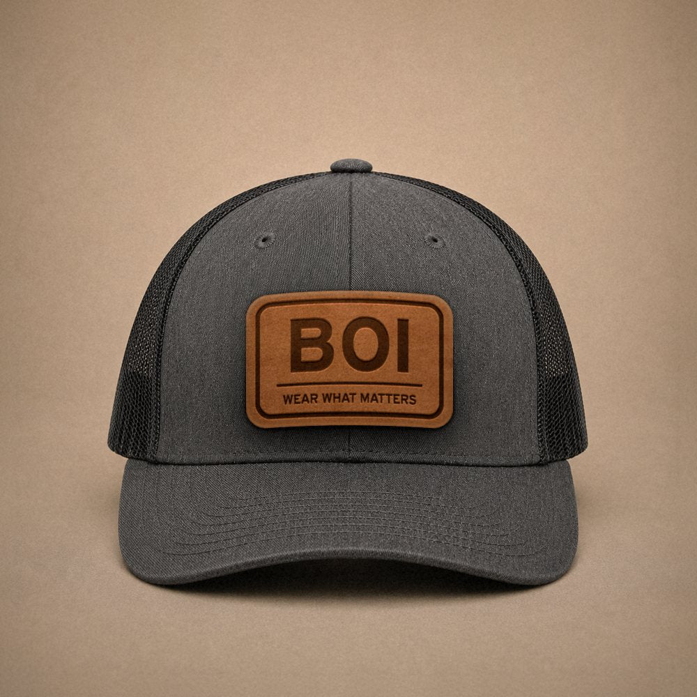 Dark Heather Grey Boise hats — Boise BOI Leather Patch Trucker Hat
