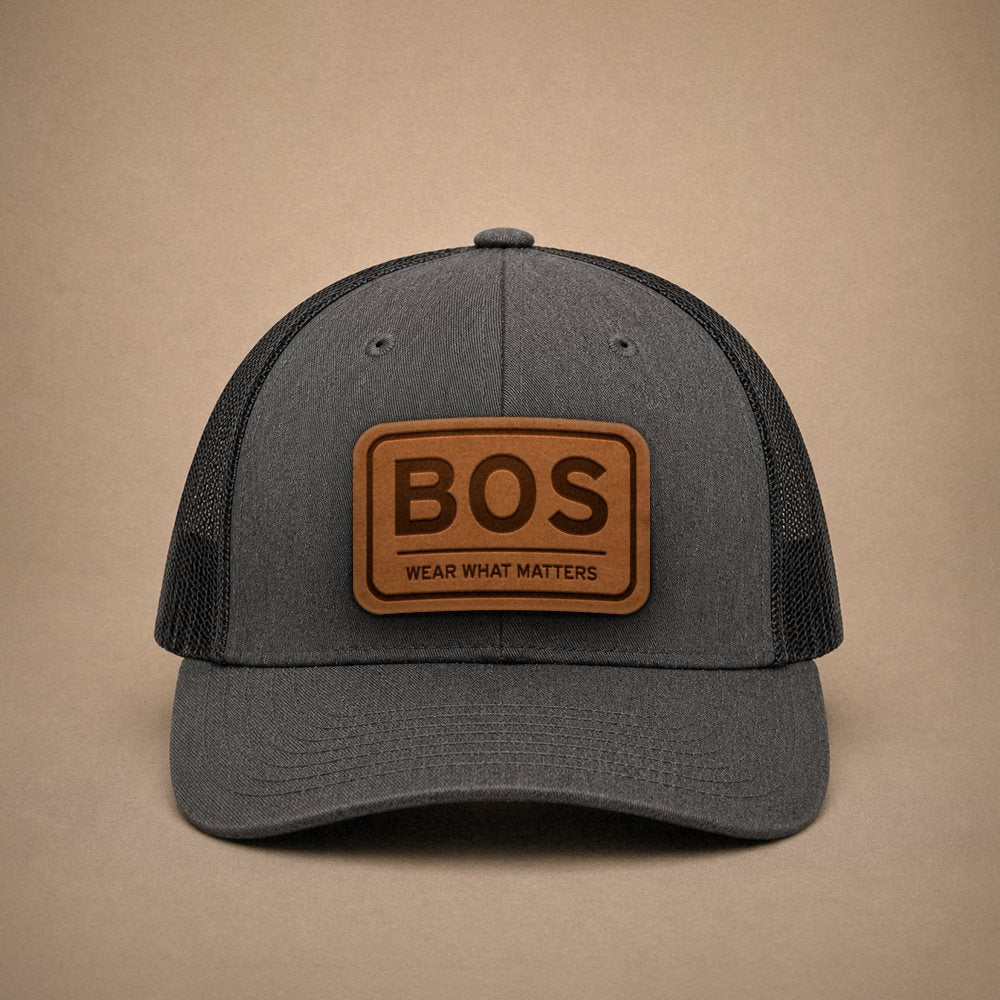 Dark Heather Grey Boston hats — Boston BOS Leather Patch Trucker Hat