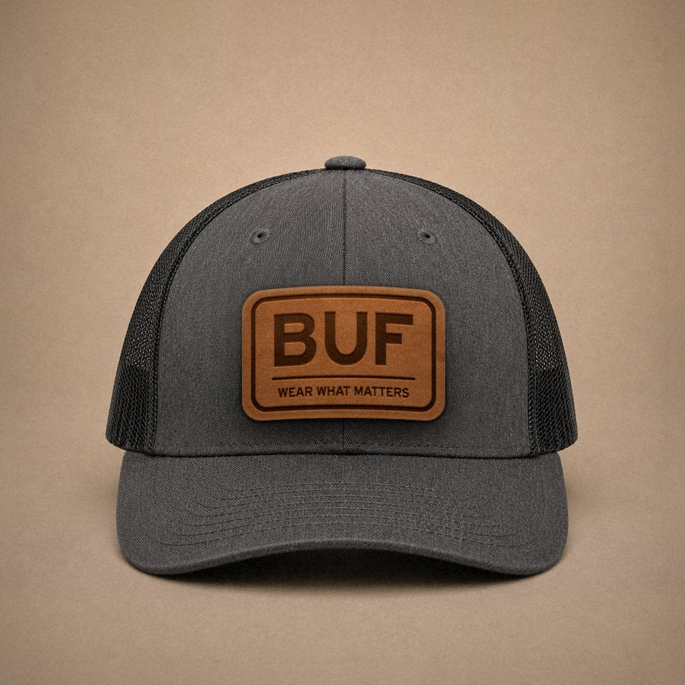 Dark Heather Grey Buffalo hats — Buffalo BUF Leather Patch Trucker Hat