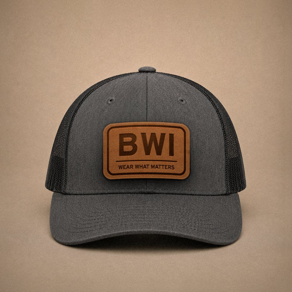 Dark Heather Grey Baltimore hats — Baltimore BWI Leather Patch Trucker Hat
