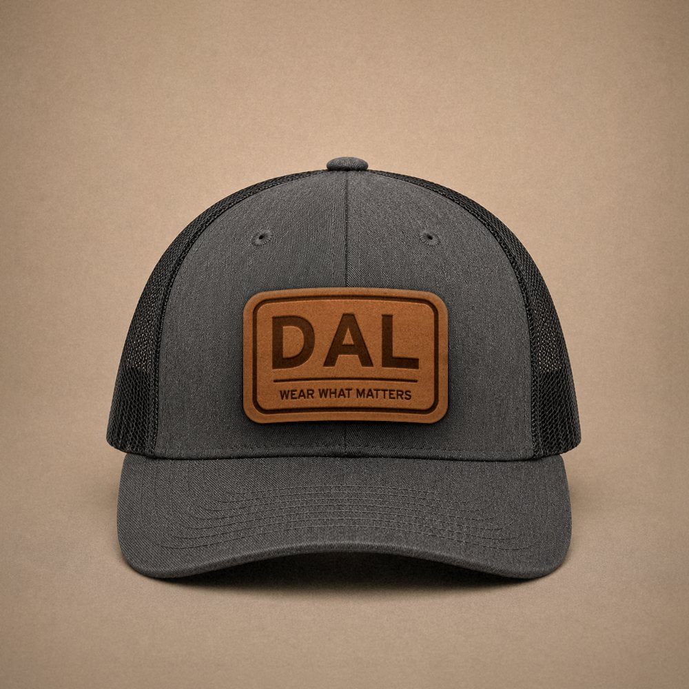 Dark Heather Grey Dallas hats — Dallas DAL Leather Patch Trucker Hat