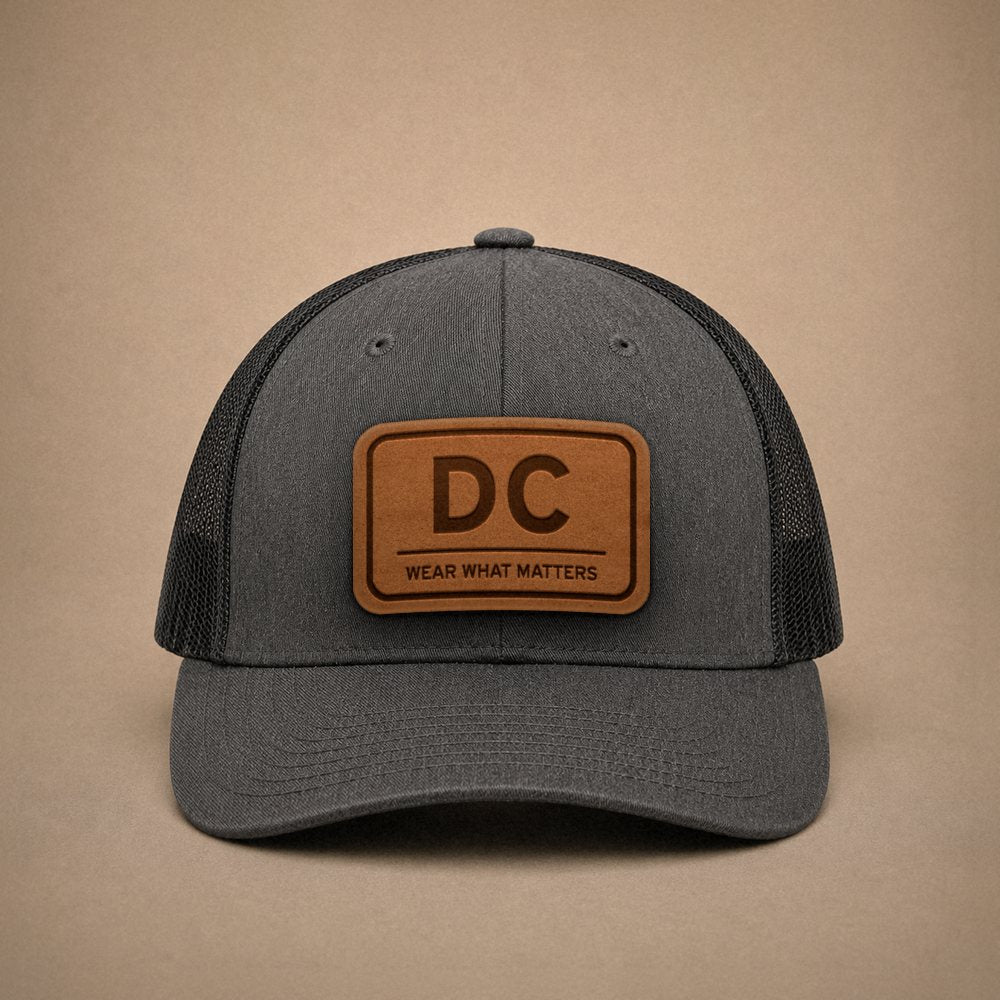 Dark Heather Grey Washington DC hats — Washington DC Leather Patch Trucker Hat