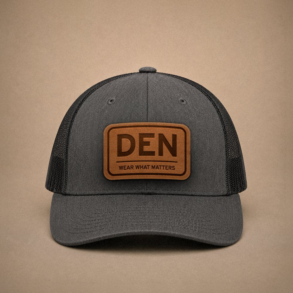 Dark Heather Grey Denver hats — Denver DEN Leather Patch Trucker Hat