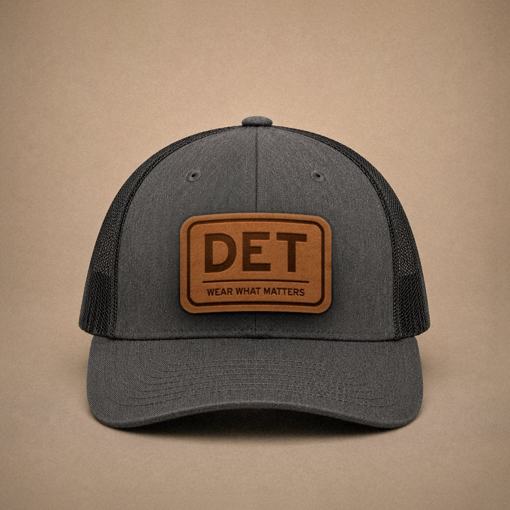 Dark Heather Grey Detroit hats — Detroit DET Leather Patch Trucker Hat