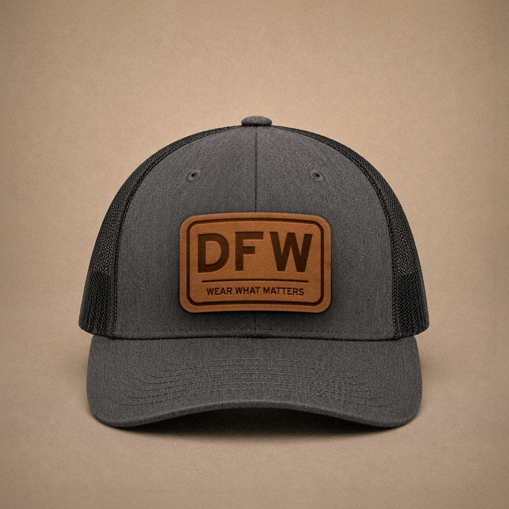 Dark Heather Grey Dallas hats — Dallas DFW Leather Patch Trucker Hat