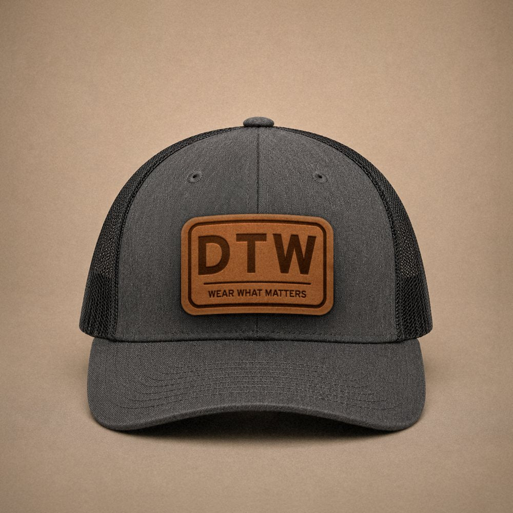 Dark Heather Grey Detroit hats — Detroit DTW Leather Patch Trucker Hat