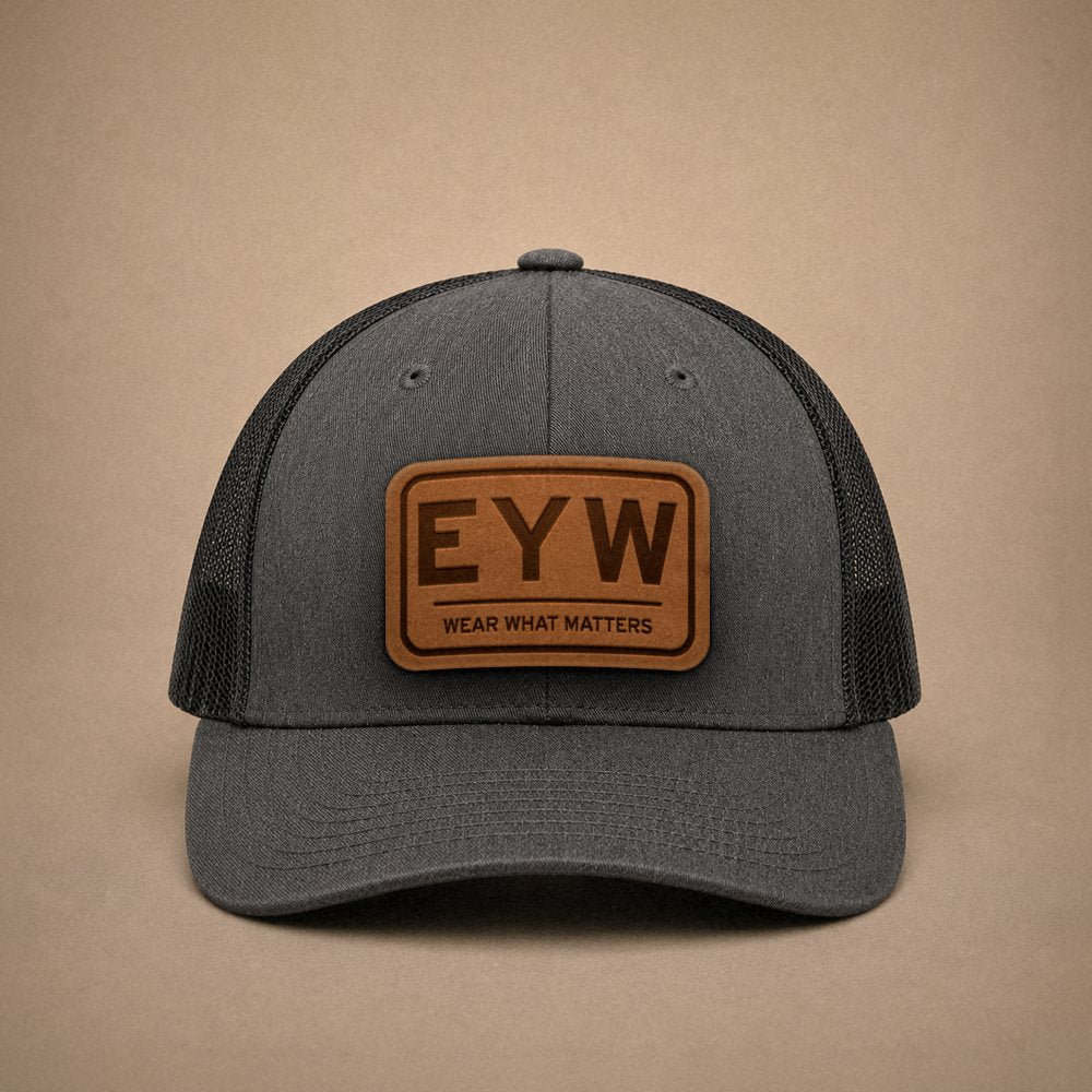 Dark Heather Grey Key West hats — Key West EYW Leather Patch Trucker Hat